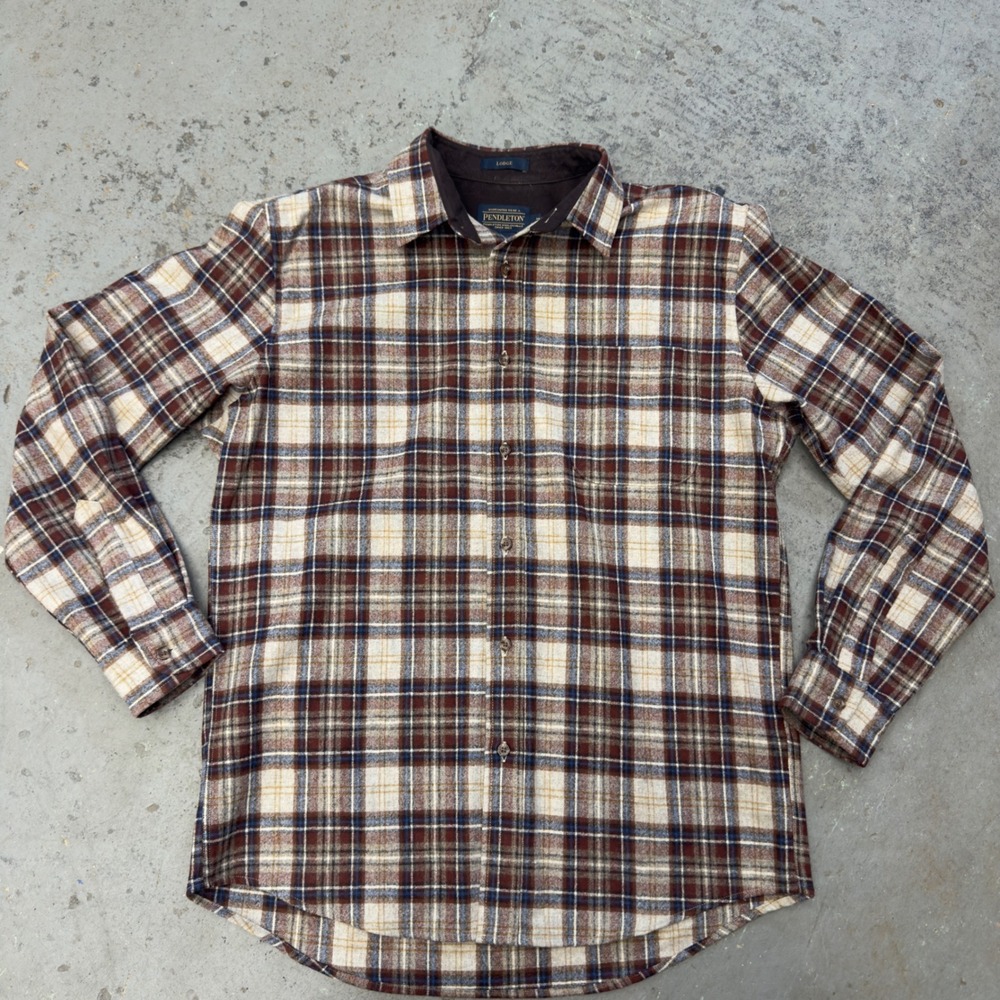 Pendleton Lodge Wool Plaid Shirt Mens Medium Brown Cream Button Up Long Sleeve